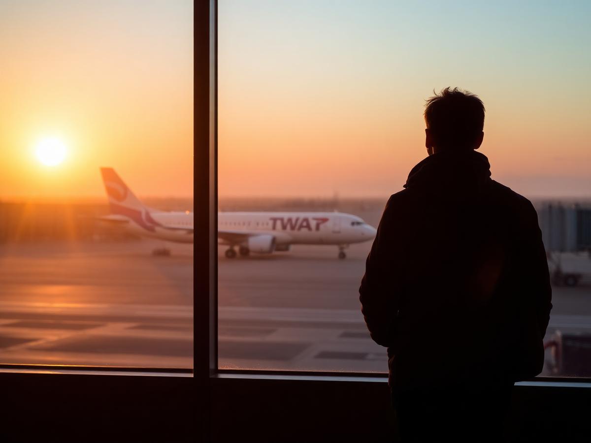 Voyageur observant un avion au lever du soleil