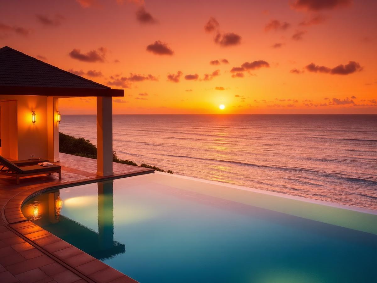 Piscine à débordement face à l'océan au coucher du soleil